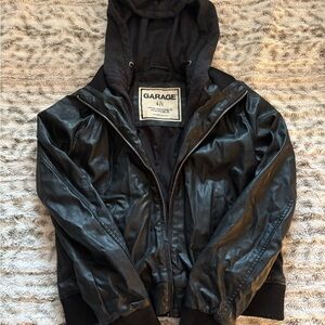Garage Black Leather Hooded Jacket